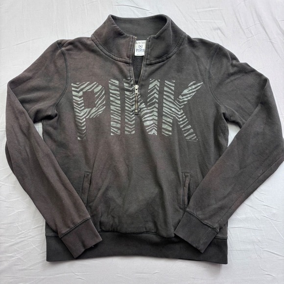 PINK Victoria's Secret Tops - Victorias Secret PINK Quarter Zip Sweatshirt Black Zebra Logo Pullover Women M